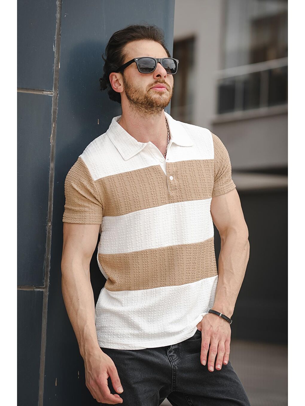 Kahverengi Polo Yaka Kısa Kollu Erkek Tişört-2