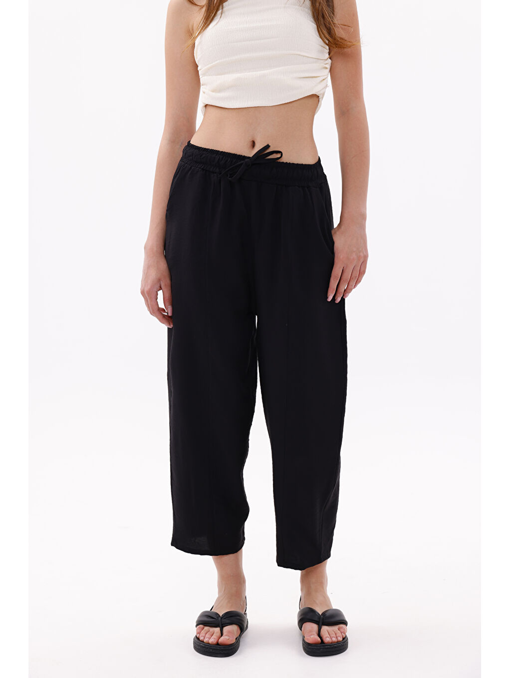 Siyah Kadın Şalvar Cepli Ayrobin Şalvar Pantolon Ayarlanabilir Beli Lastikli Pantolon KADIN-ŞALVAR-4
