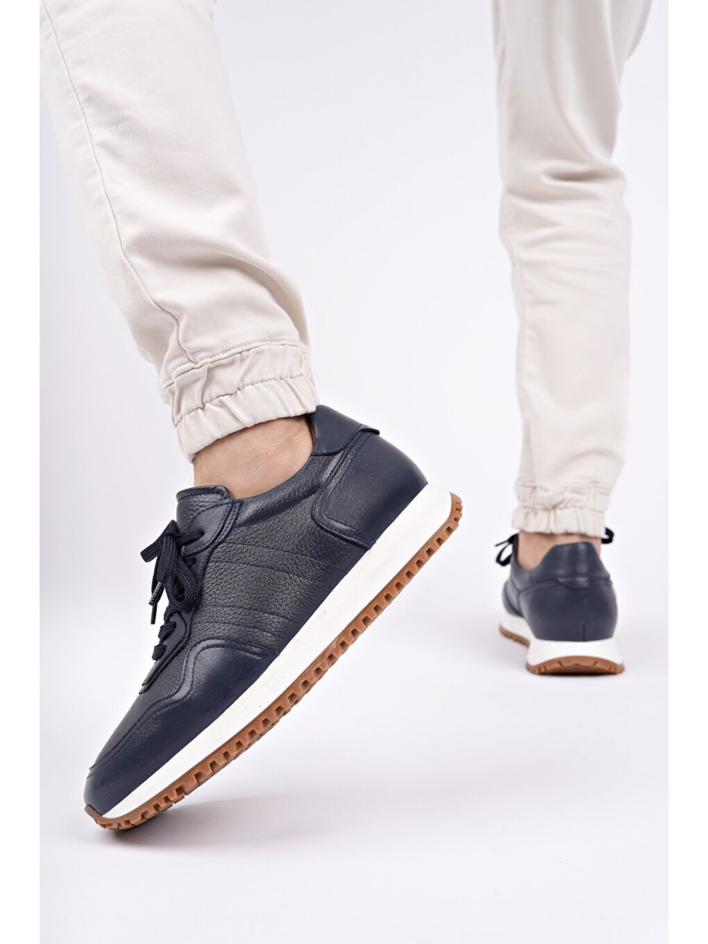 Lacivert HARWİL Kalın Taban Bağcıklı Hakiki Deri Erkek Günlük Sneaker Spor Ayakkabı-5