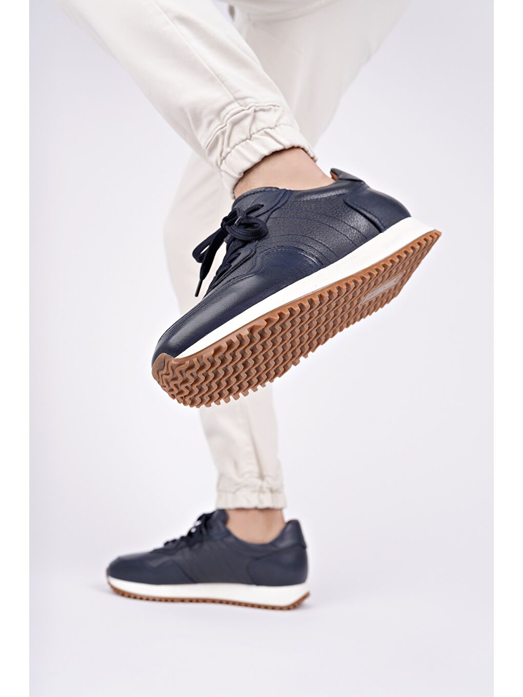 Lacivert HARWİL Kalın Taban Bağcıklı Hakiki Deri Erkek Günlük Sneaker Spor Ayakkabı-6