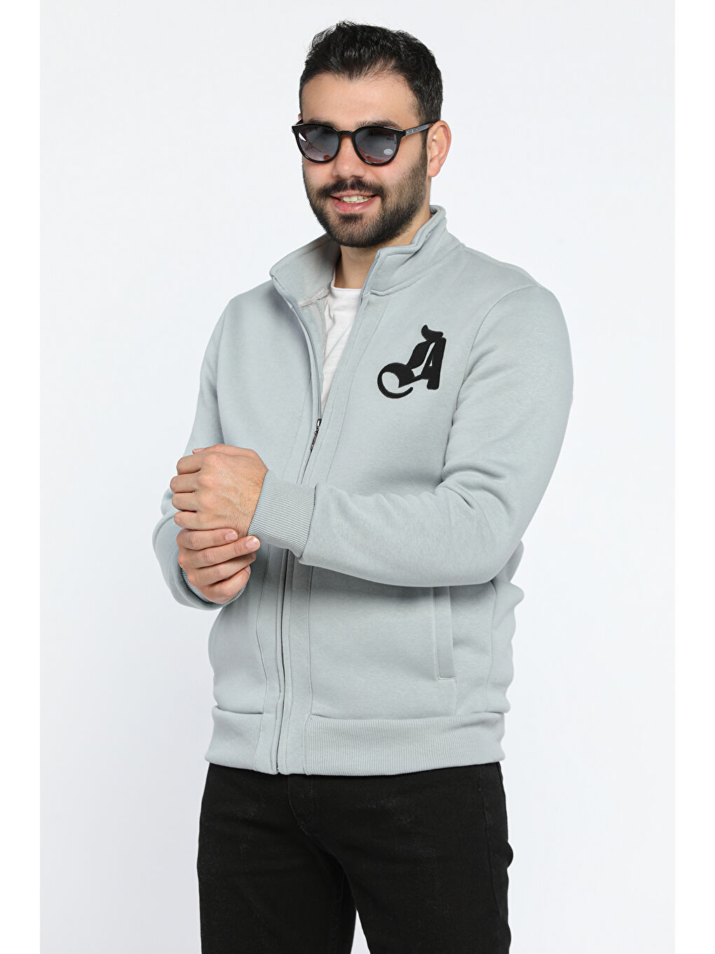 Mishar İtalia Gri Erkek Nakışlı Fermuarlı Şardonlu Üç İplik Sweatshirt - 1