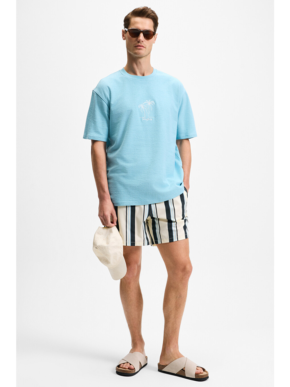Ourflow Erkek Nakış Detaylı %100 Organik Pamuk Bisiklet Yaka Kısa Kollu Oversize Açık Mavi T-shirt-1