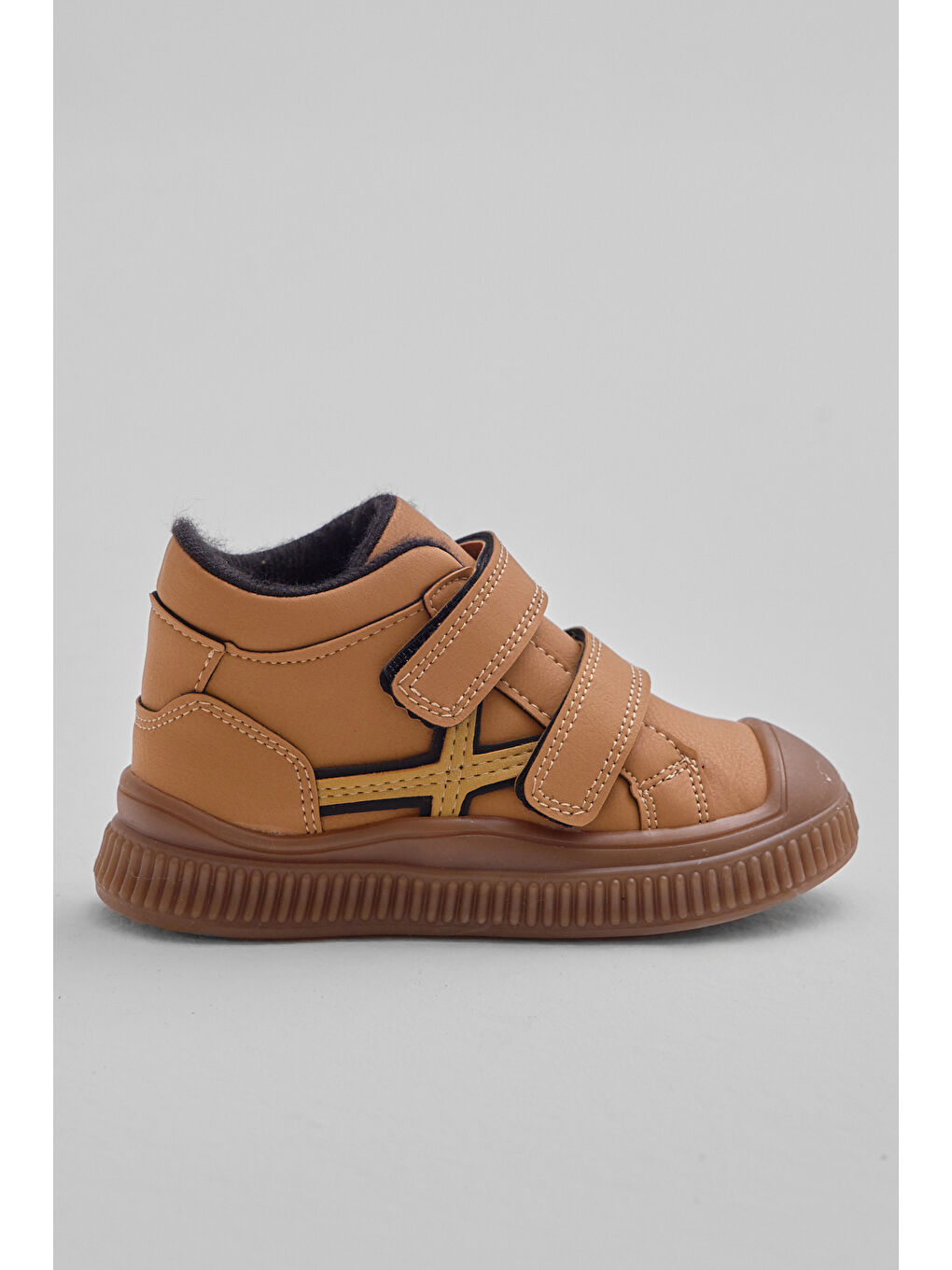 Kahverengi Çocuk Unisex Camel Esnek Termo Taban Çift Cırtlı Şerit Desenli Spor Kısa Bot-1