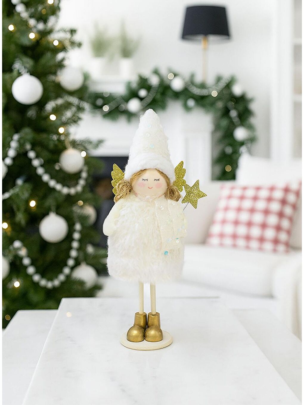 Yılbaşı Dekoru Altın Kanatlı Melek Dekoratif Biblo Süsü Beyaz 20 cm