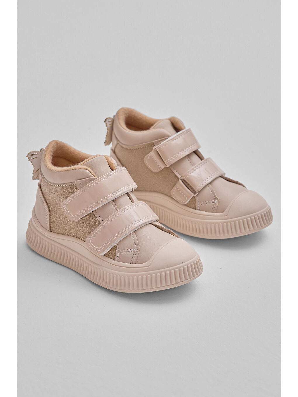 Çocuk Unisex Bej Esnek Termo Taban Çift Cırtlı Şerit Desenli Spor Kısa Bot