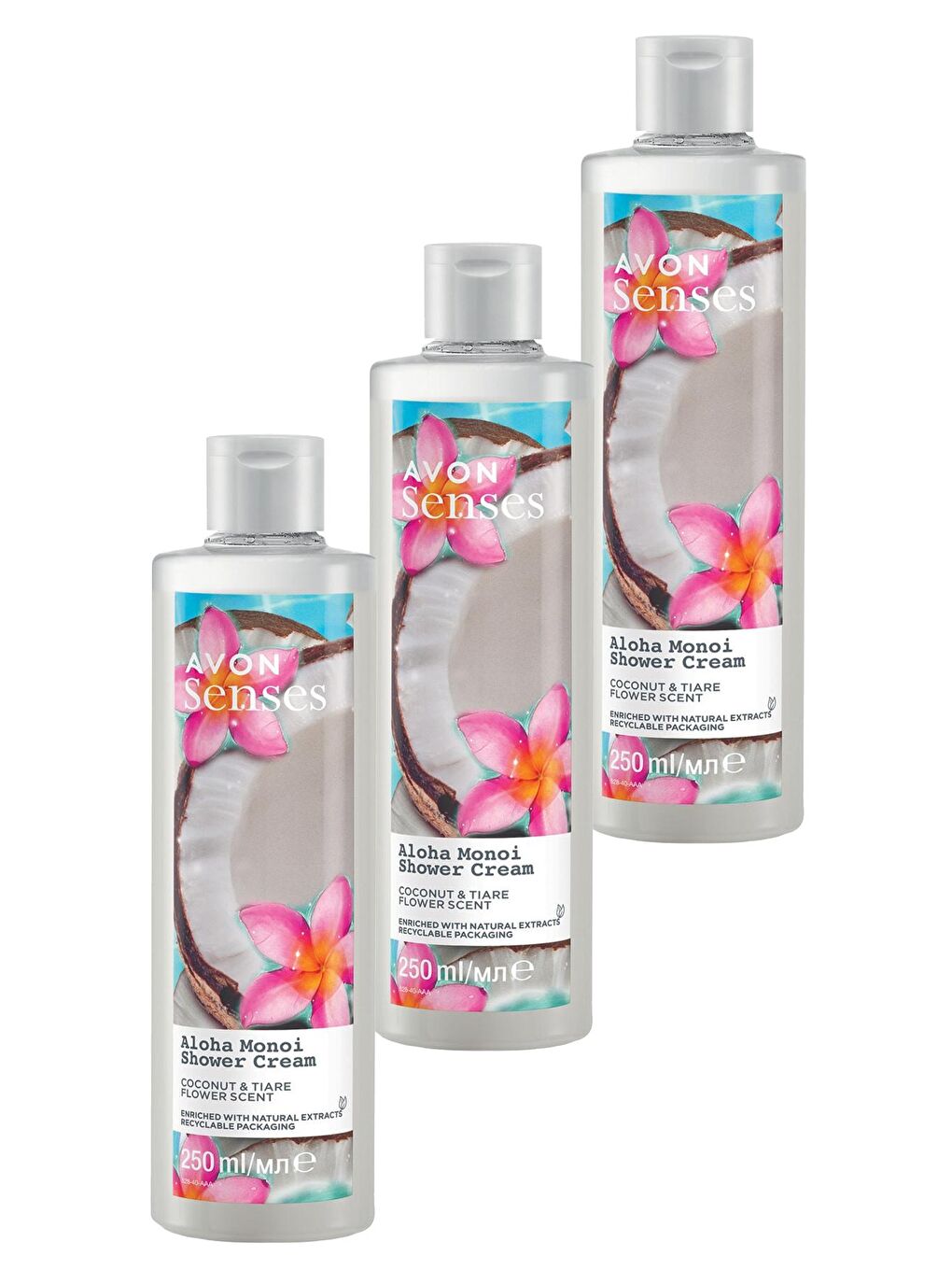 AVON Renksiz Senses Aloha Monoi Tiare Çiçeği ve Hindistan Cevizi Kokulu Krem Duş Jeli 250 Ml. Üçlü Set