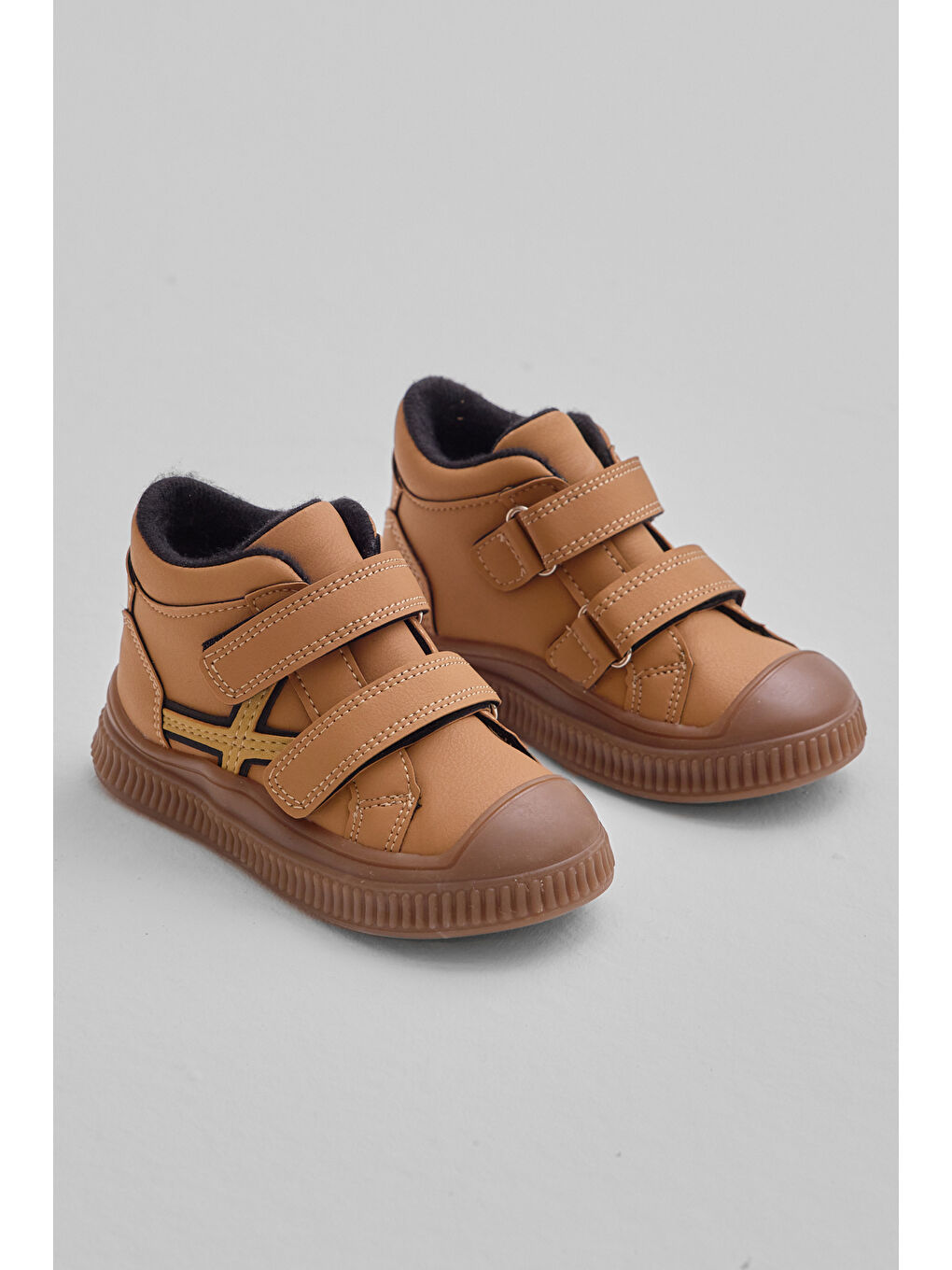 Kahverengi Çocuk Unisex Camel Esnek Termo Taban Çift Cırtlı Şerit Desenli Spor Kısa Bot-2