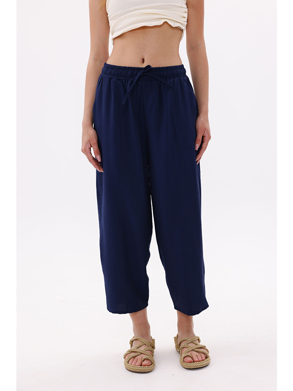 Lacivert Kadın Şalvar Cepli Ayrobin Şalvar Pantolon Ayarlanabilir Beli Lastikli Pantolon KADIN-ŞALVAR-1