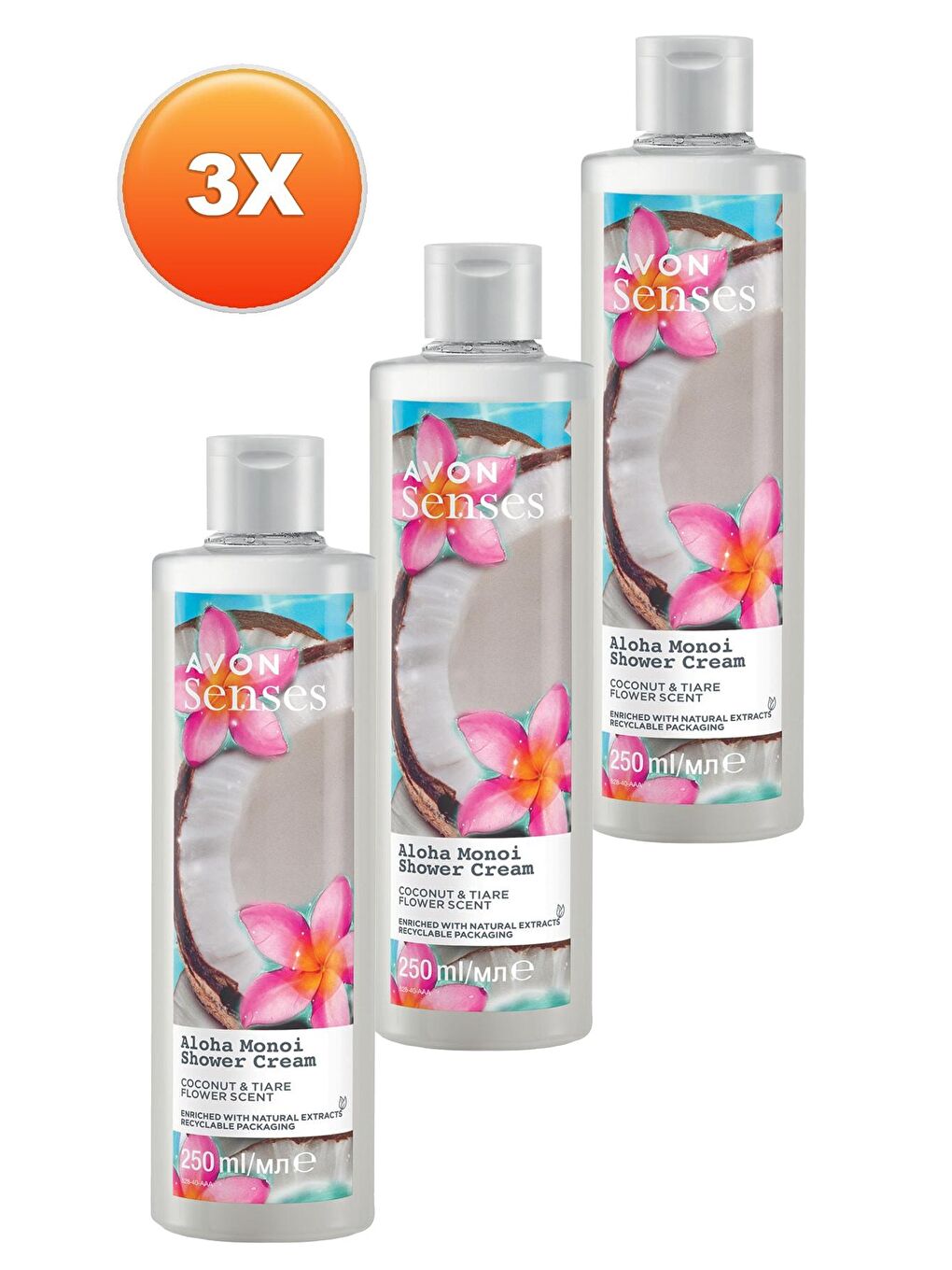 AVON Renksiz Senses Aloha Monoi Tiare Çiçeği ve Hindistan Cevizi Kokulu Krem Duş Jeli 250 Ml. Üçlü Set - 1