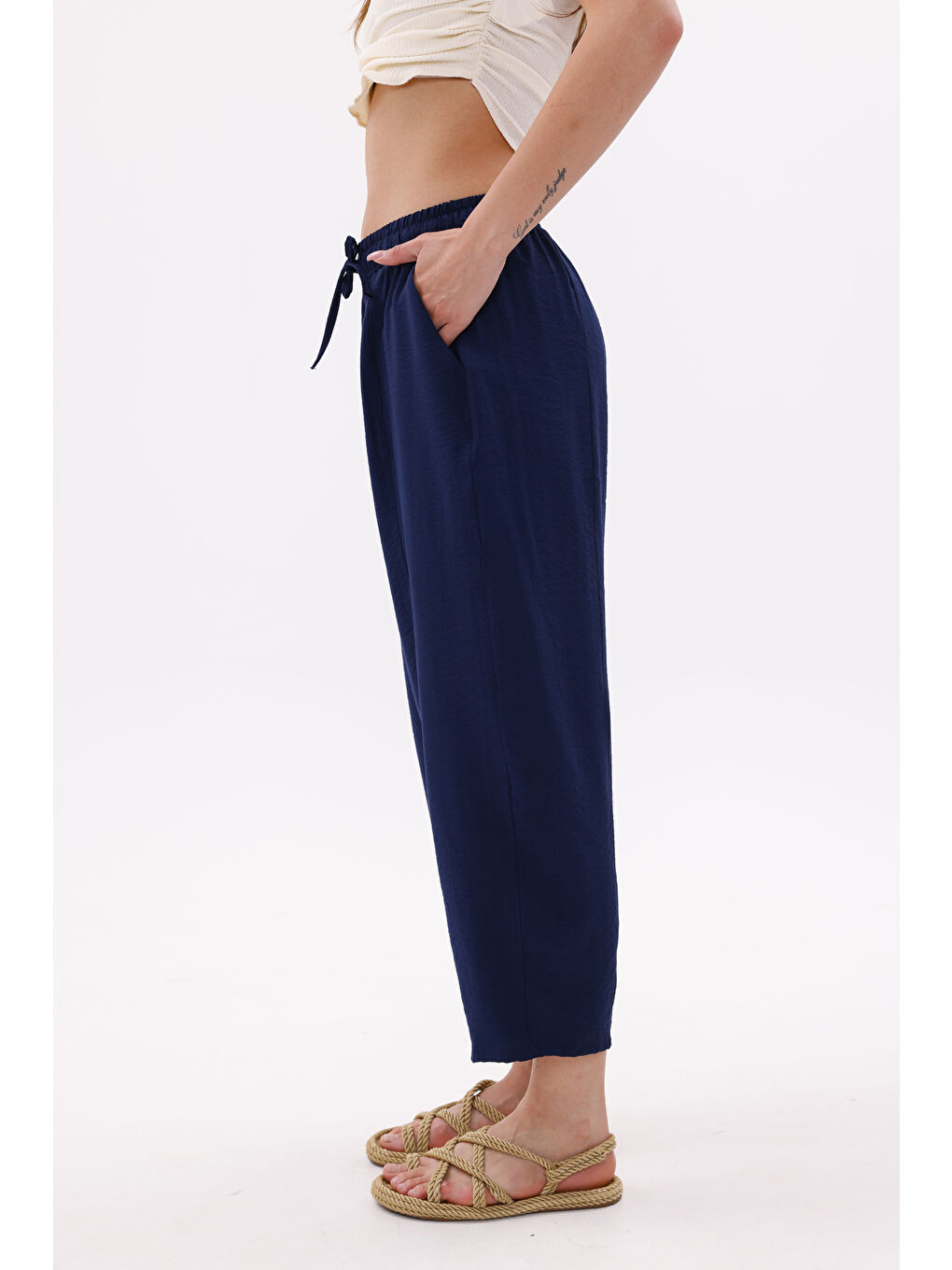 Lacivert Kadın Şalvar Cepli Ayrobin Şalvar Pantolon Ayarlanabilir Beli Lastikli Pantolon KADIN-ŞALVAR-3