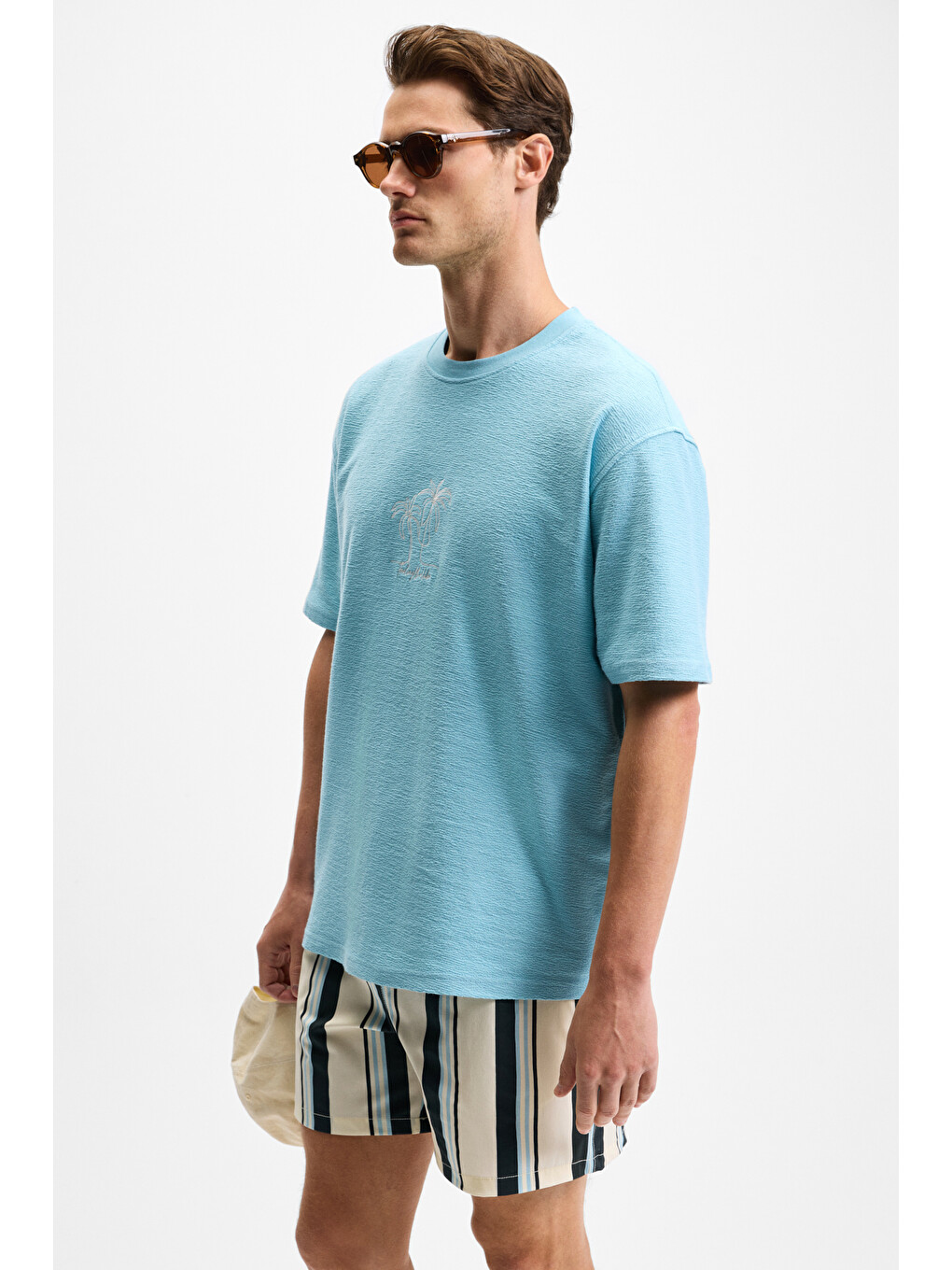 Ourflow Erkek Nakış Detaylı %100 Organik Pamuk Bisiklet Yaka Kısa Kollu Oversize Açık Mavi T-shirt-2