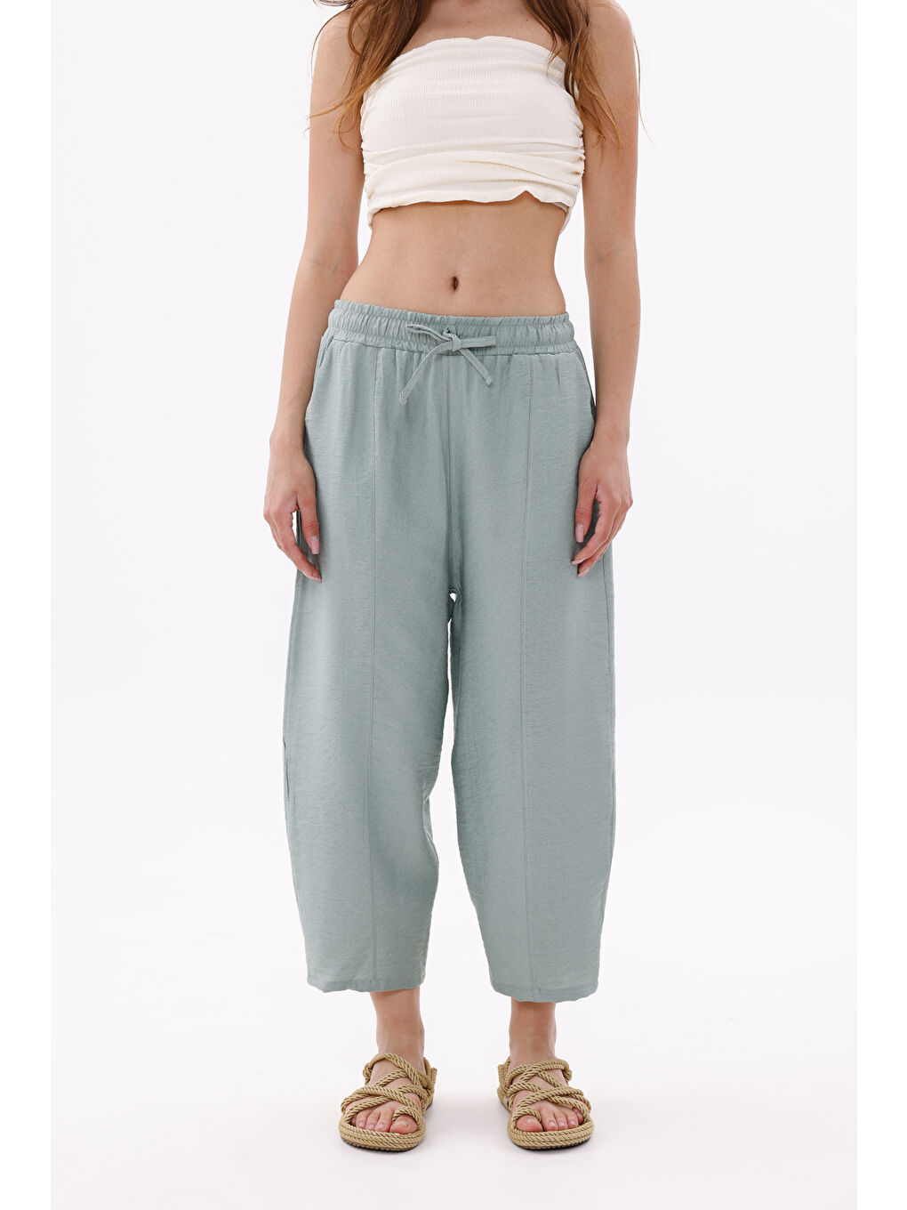 Yeşil Kadın Şalvar Cepli Ayrobin Şalvar Pantolon Ayarlanabilir Beli Lastikli Pantolon KADIN-ŞALVAR-1