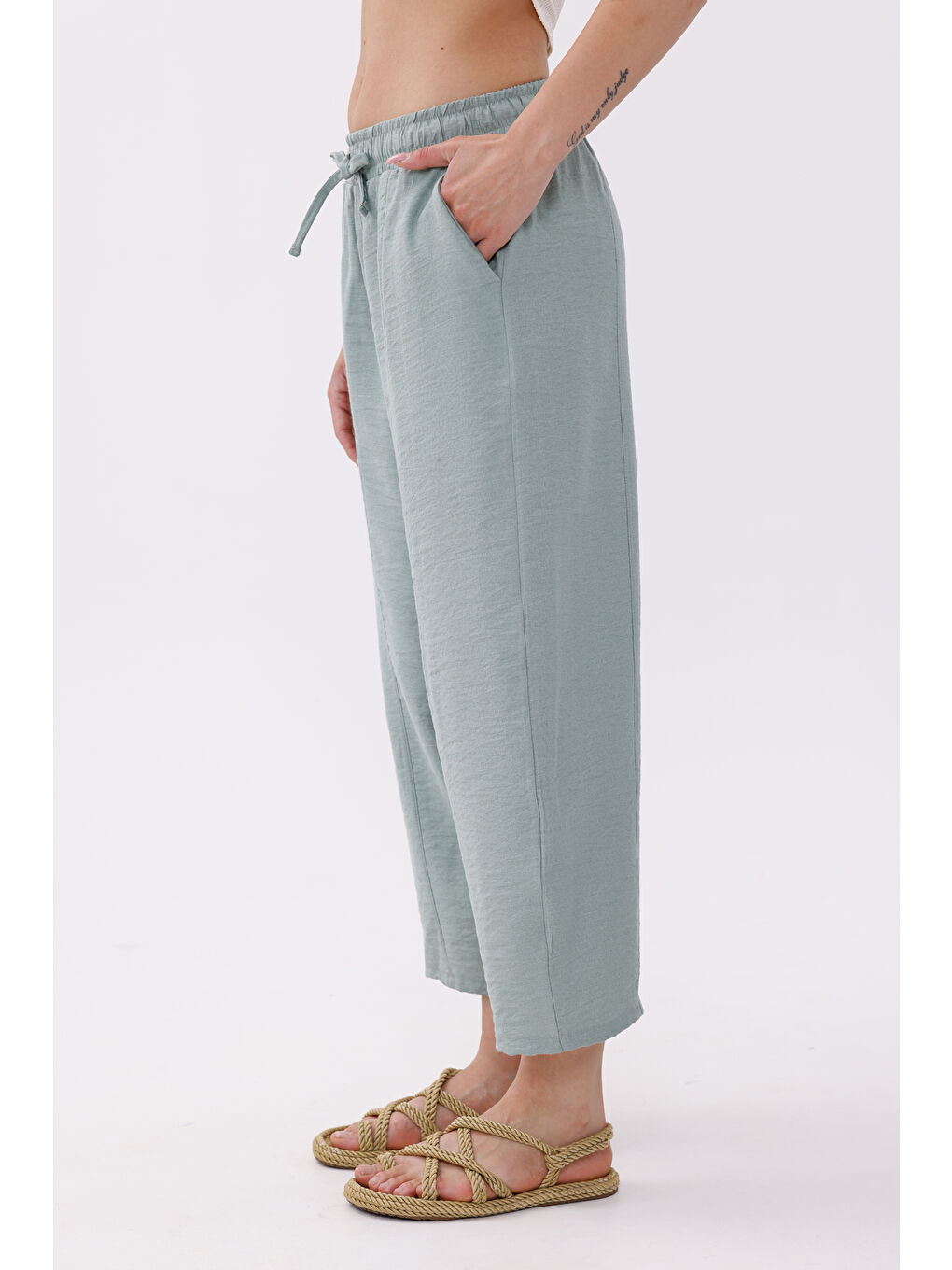 Yeşil Kadın Şalvar Cepli Ayrobin Şalvar Pantolon Ayarlanabilir Beli Lastikli Pantolon KADIN-ŞALVAR-2