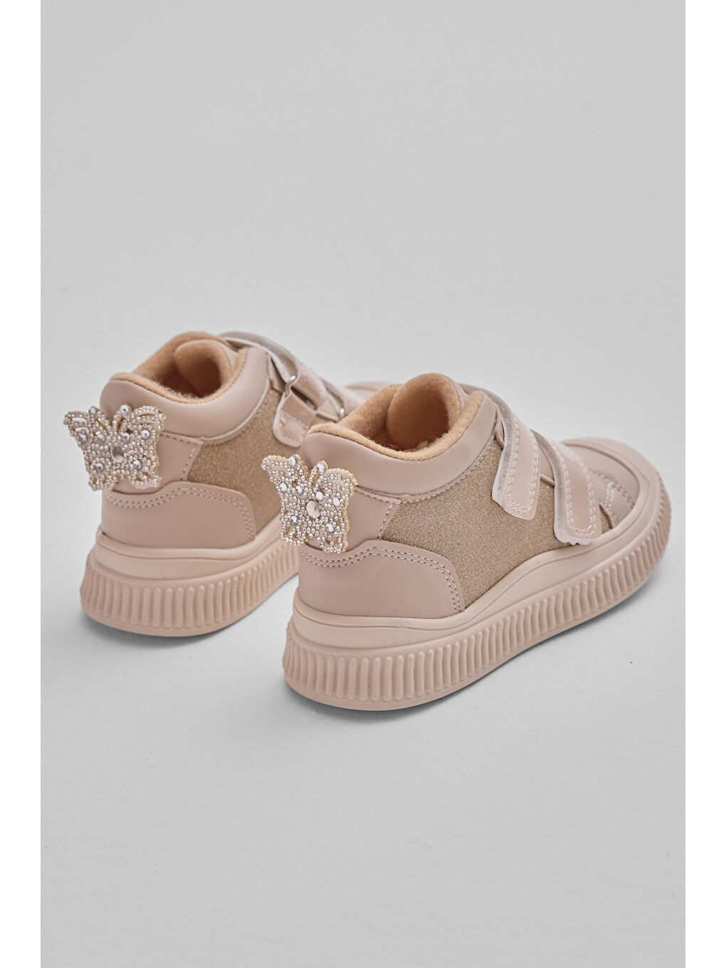 Çocuk Unisex Bej Esnek Termo Taban Çift Cırtlı Şerit Desenli Spor Kısa Bot-2