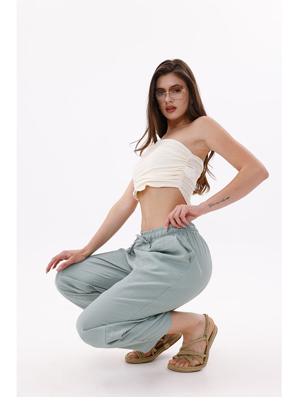 Yeşil Kadın Şalvar Cepli Ayrobin Şalvar Pantolon Ayarlanabilir Beli Lastikli Pantolon KADIN-ŞALVAR-4