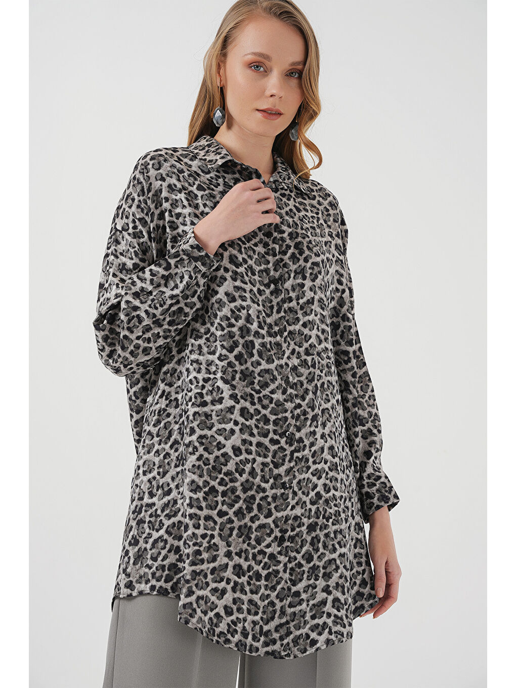 5944 Desenli Uzun Gömlek Tunik - Siyah