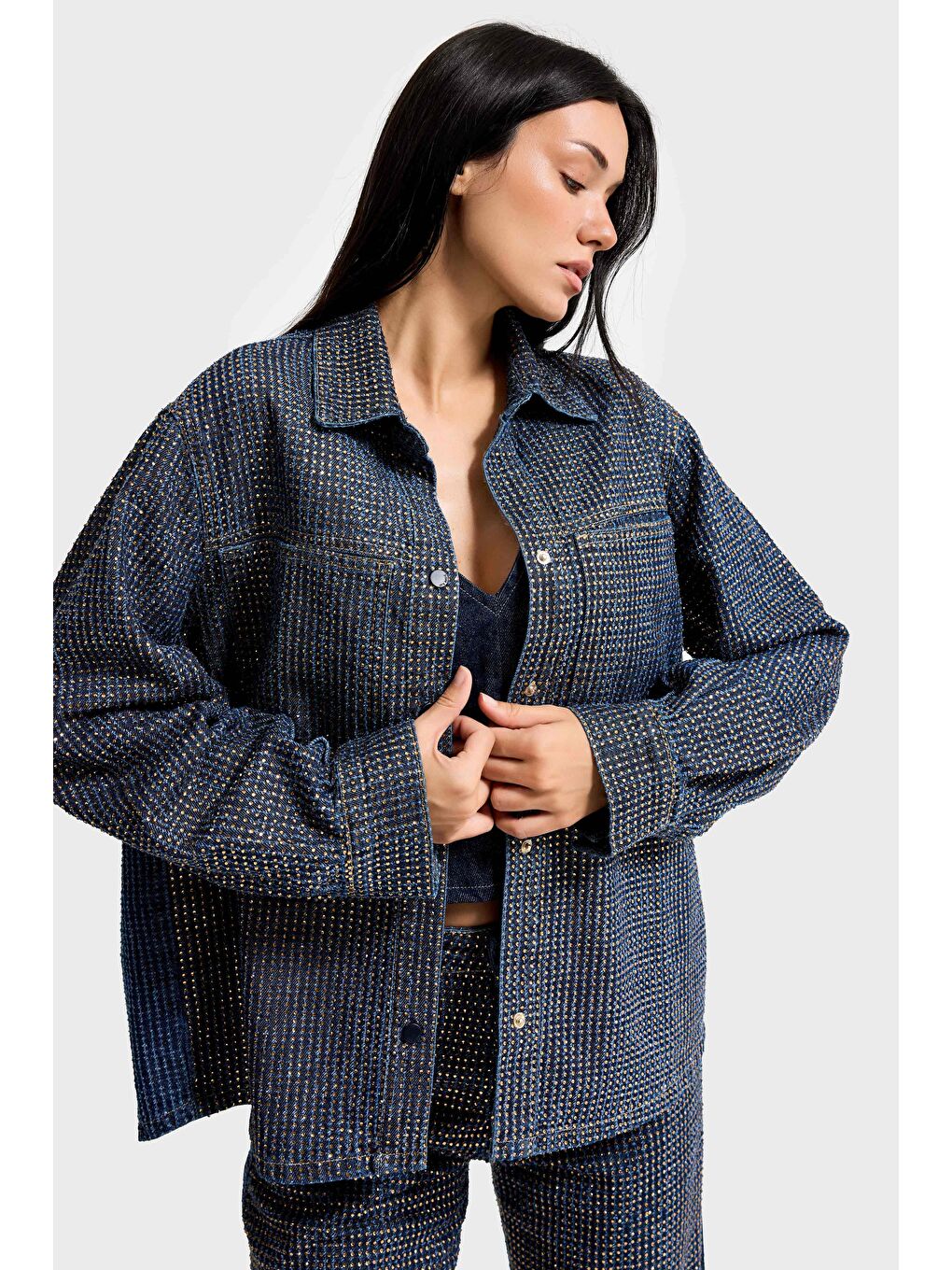 Mavi Kadın T.Kot Rengi T-1w5-7 Oversize Parlak Taşlı Özel Tasarım Denim Ceket