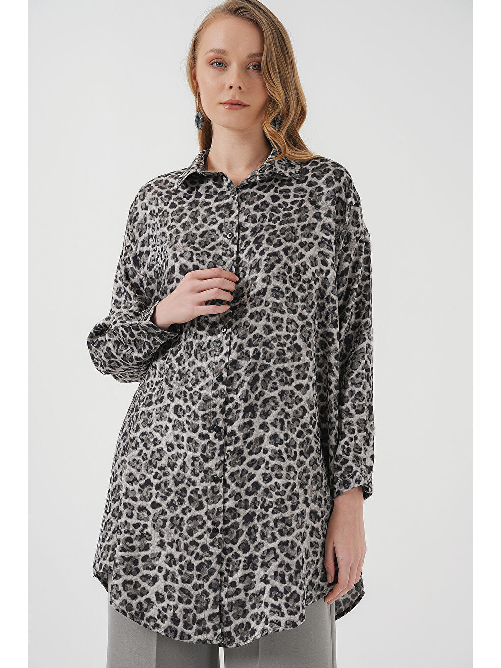 5944 Desenli Uzun Gömlek Tunik - Siyah-2