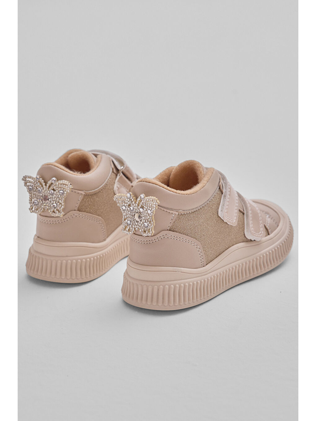 Çocuk Unisex Bej Esnek Termo Taban Çift Cırtlı Şerit Desenli Spor Kısa Bot-3