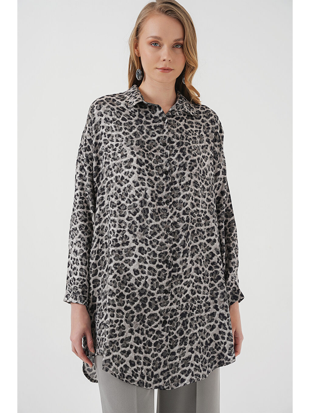 5944 Desenli Uzun Gömlek Tunik - Siyah-3