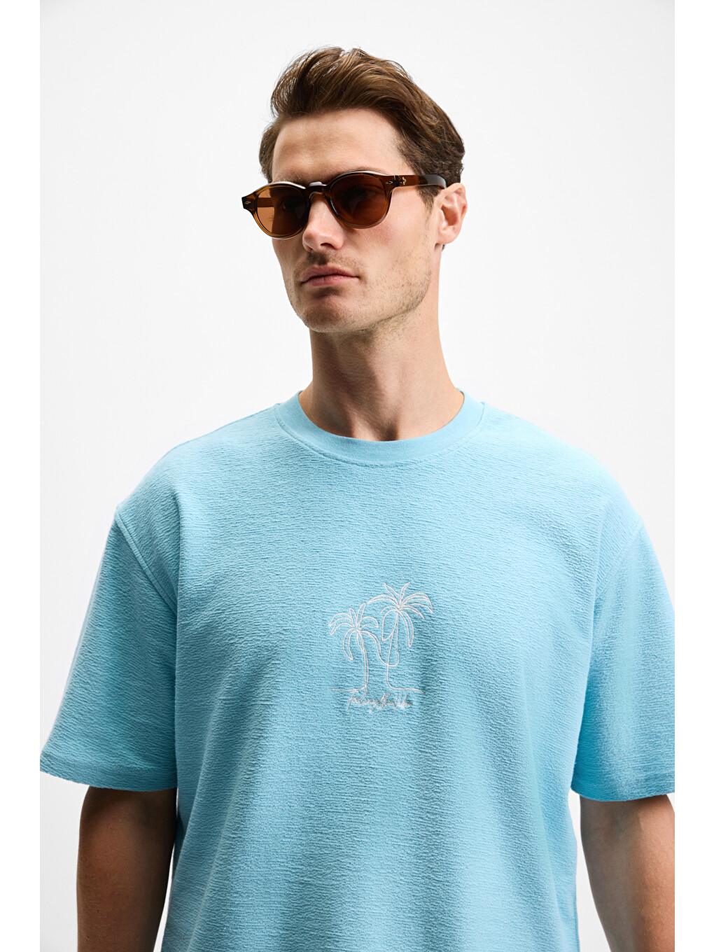 Ourflow Erkek Nakış Detaylı %100 Organik Pamuk Bisiklet Yaka Kısa Kollu Oversize Açık Mavi T-shirt-3
