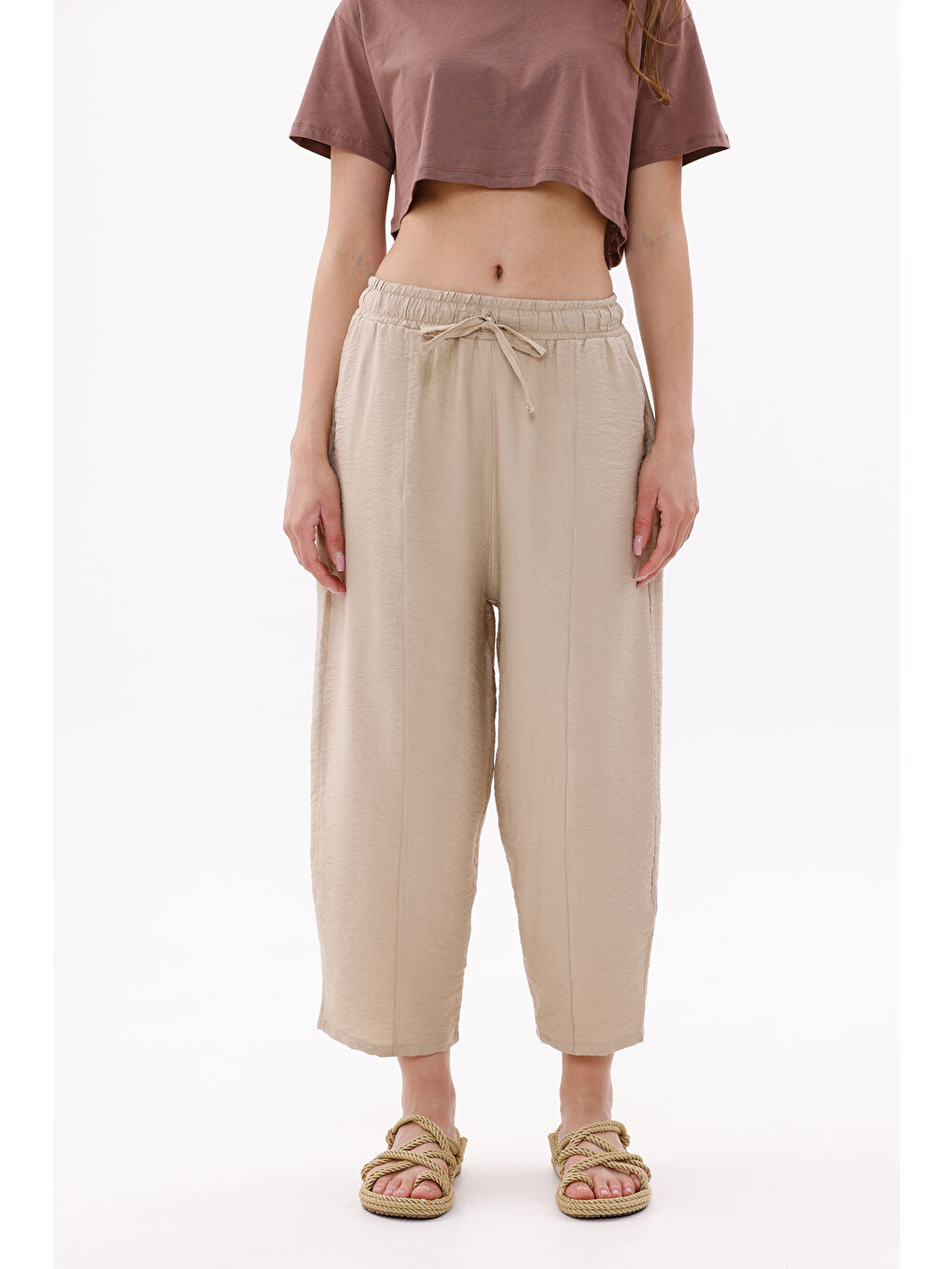 Bej Kadın Şalvar Cepli Ayrobin Şalvar Pantolon Ayarlanabilir Beli Lastikli Pantolon KADIN-ŞALVAR-1