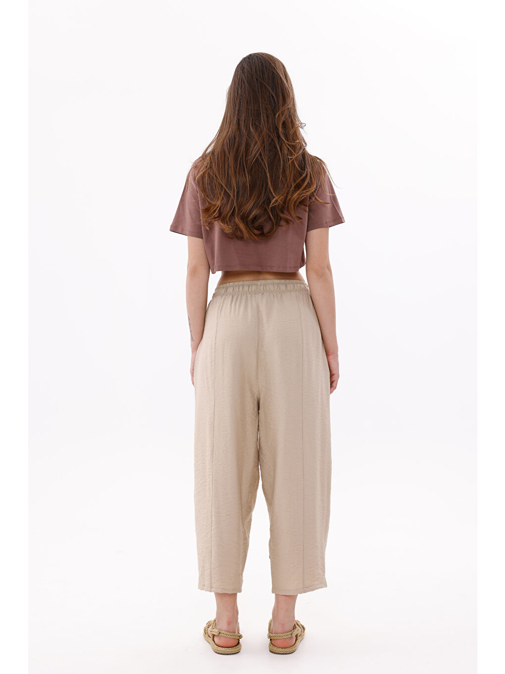 Bej Kadın Şalvar Cepli Ayrobin Şalvar Pantolon Ayarlanabilir Beli Lastikli Pantolon KADIN-ŞALVAR-2