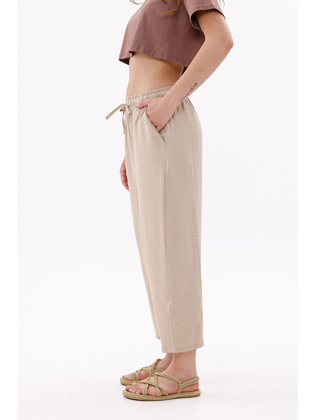 Bej Kadın Şalvar Cepli Ayrobin Şalvar Pantolon Ayarlanabilir Beli Lastikli Pantolon KADIN-ŞALVAR-3