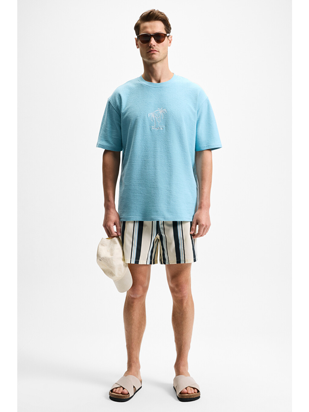 Ourflow Erkek Nakış Detaylı %100 Organik Pamuk Bisiklet Yaka Kısa Kollu Oversize Açık Mavi T-shirt-4