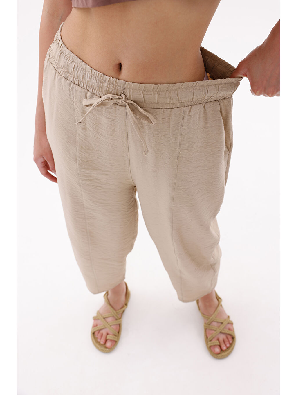 Bej Kadın Şalvar Cepli Ayrobin Şalvar Pantolon Ayarlanabilir Beli Lastikli Pantolon KADIN-ŞALVAR-5