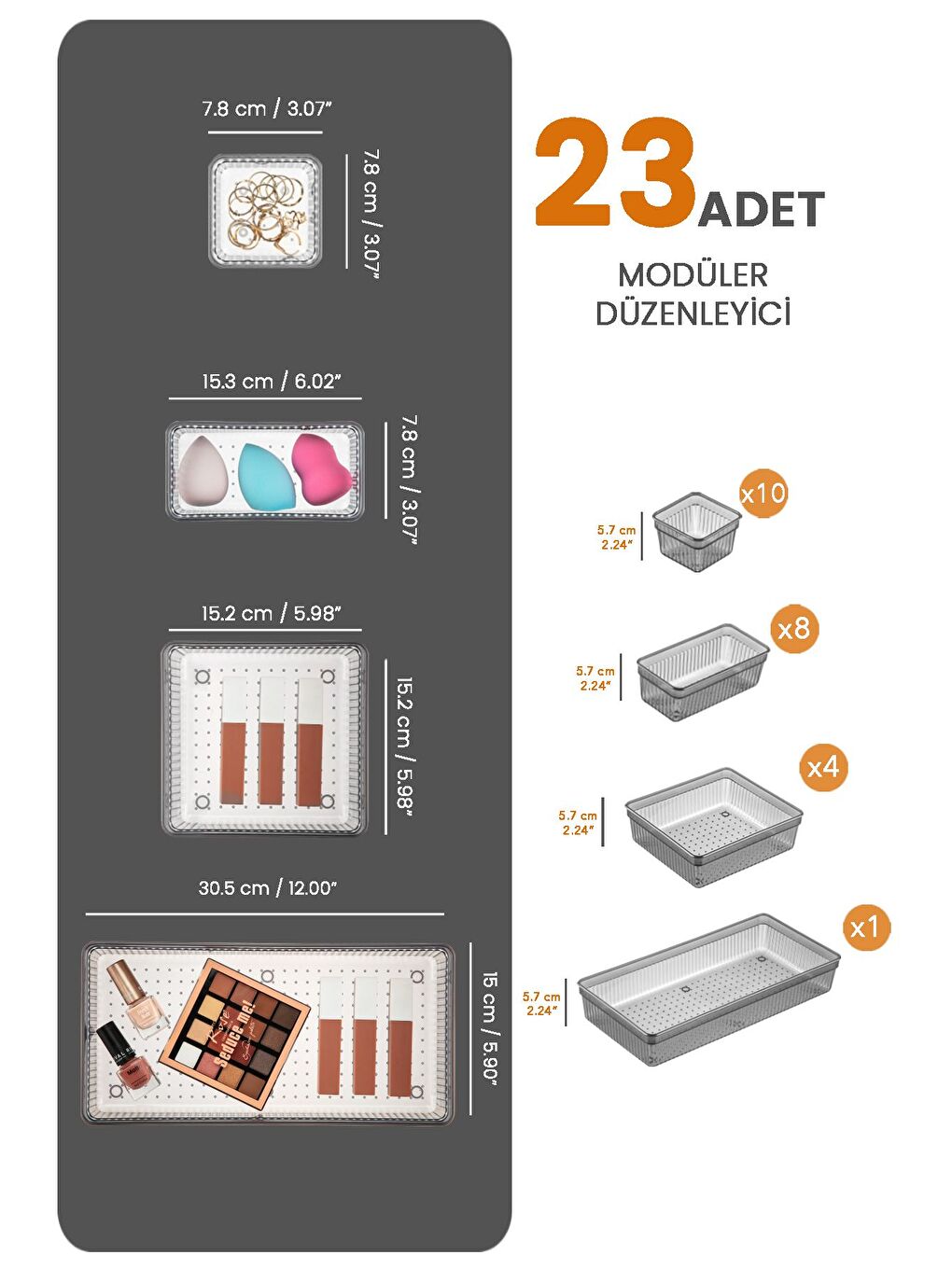 23'lü Çekmece İçi Organizer Kozmetik Takı Makyaj Organizeri Dolap İçi Düzenleyici Antrasit-1