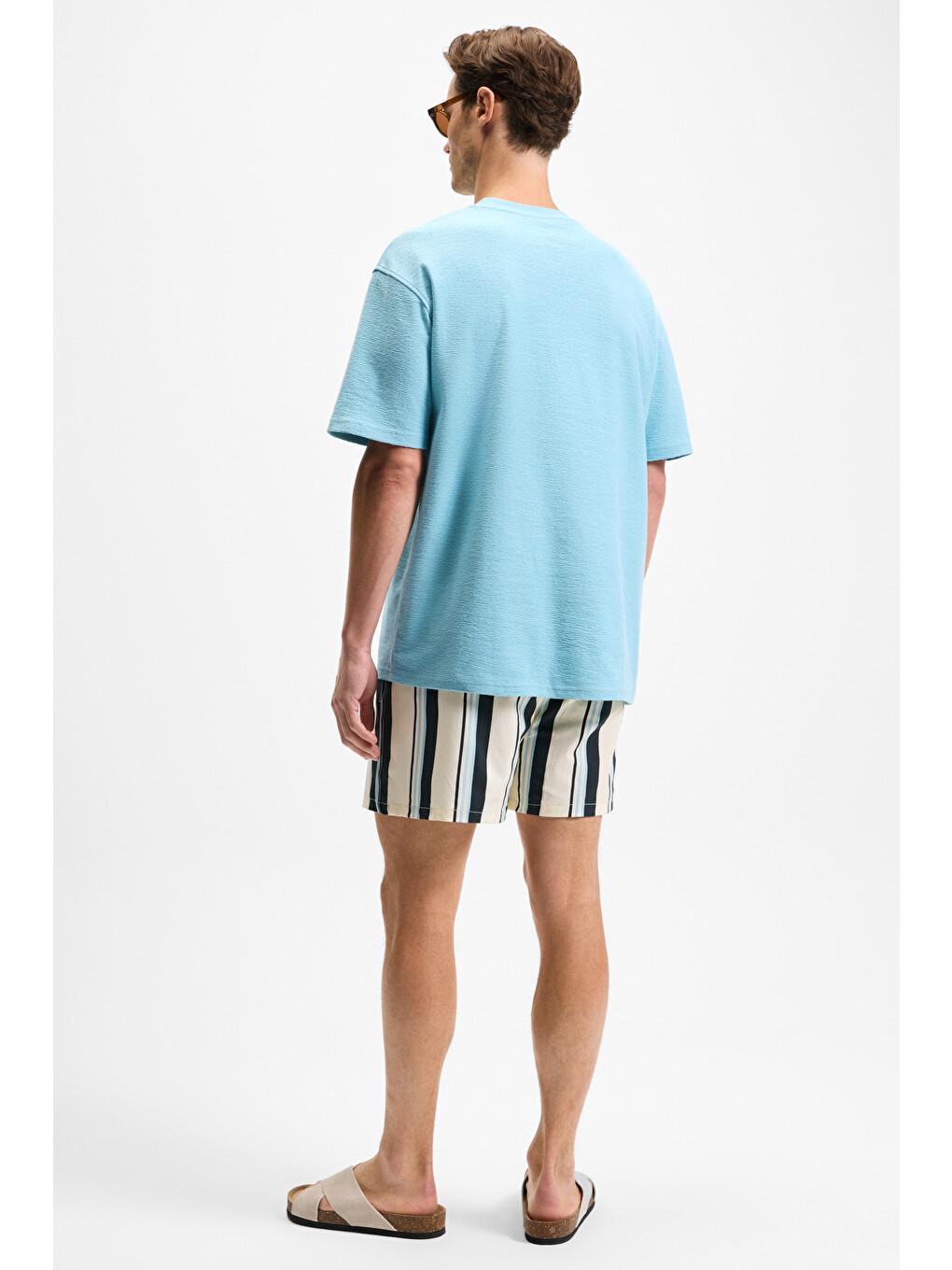 Ourflow Erkek Nakış Detaylı %100 Organik Pamuk Bisiklet Yaka Kısa Kollu Oversize Açık Mavi T-shirt-5