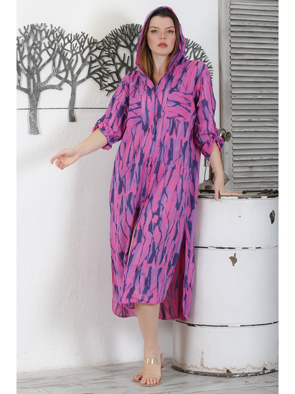 İtalyan Fuşya Düğmeli Uzun Kollu Desenli Çift Cepli Kapüşonlu Casual Dokuma Yazlık Elbise 130 65-1