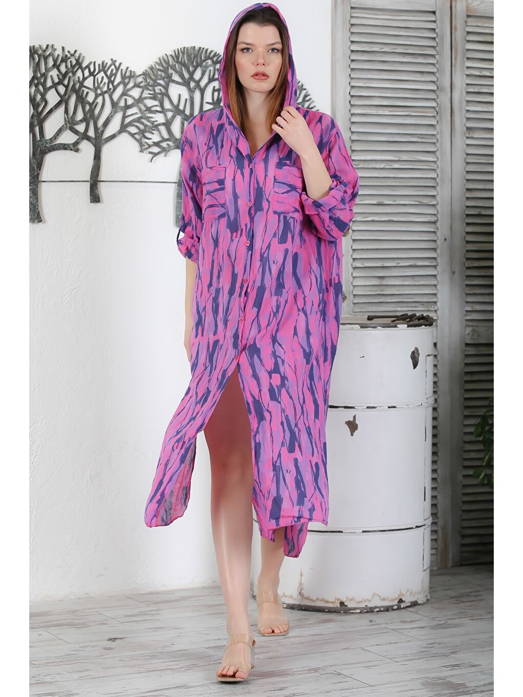 İtalyan Fuşya Düğmeli Uzun Kollu Desenli Çift Cepli Kapüşonlu Casual Dokuma Yazlık Elbise 130 65-2