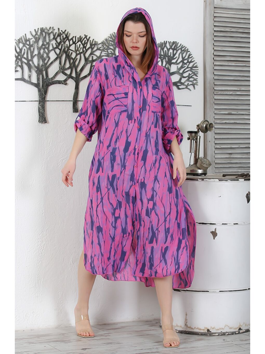 İtalyan Fuşya Düğmeli Uzun Kollu Desenli Çift Cepli Kapüşonlu Casual Dokuma Yazlık Elbise 130 65-3
