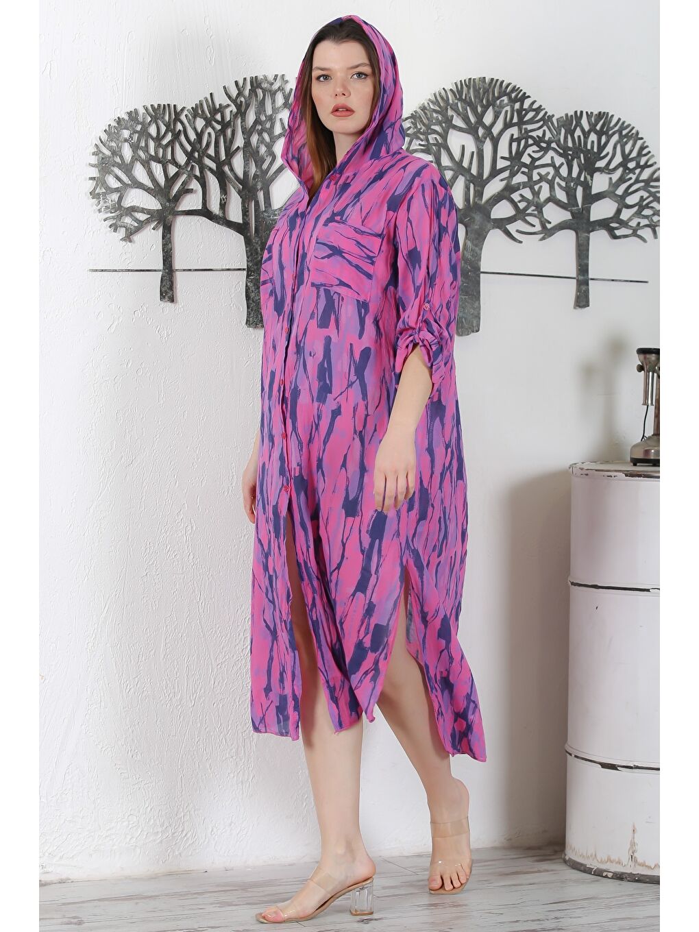 İtalyan Fuşya Düğmeli Uzun Kollu Desenli Çift Cepli Kapüşonlu Casual Dokuma Yazlık Elbise 130 65-4