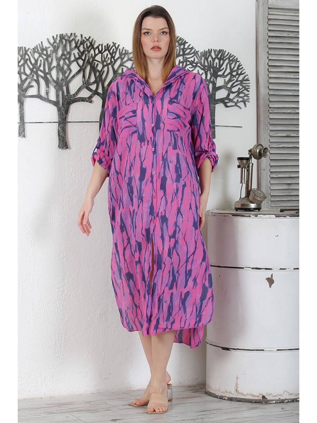 İtalyan Fuşya Düğmeli Uzun Kollu Desenli Çift Cepli Kapüşonlu Casual Dokuma Yazlık Elbise 130 65-5