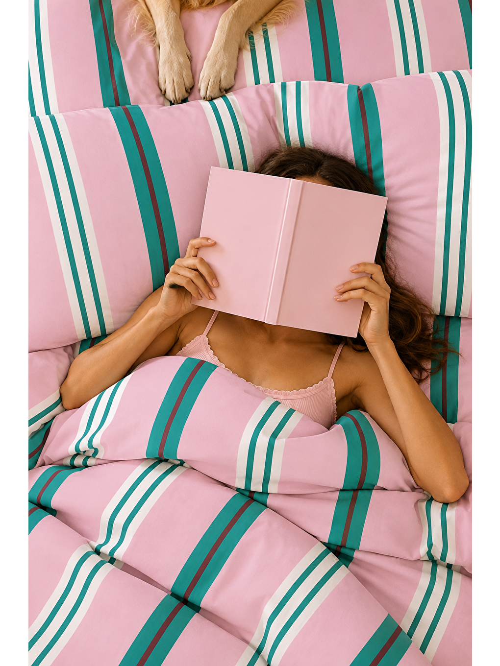 Pembe Yeşil Kahverengi Çizgili Nevresim Seti Modern Desenli 200x220 Çift Kişilik Yorgan Kılıfı-5