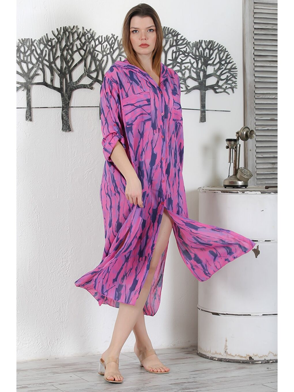 İtalyan Fuşya Düğmeli Uzun Kollu Desenli Çift Cepli Kapüşonlu Casual Dokuma Yazlık Elbise 130 65-6