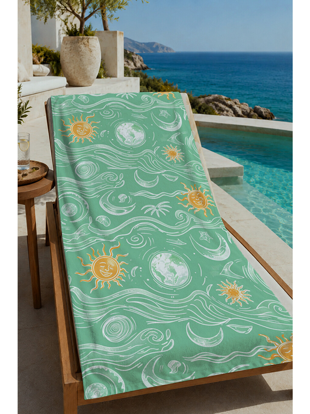 Mint Yeşili Güneş Dalga Ve Deniz Motifli 70x150 Cm Dijital Baskılı Plaj Ve Banyo Havlusu
