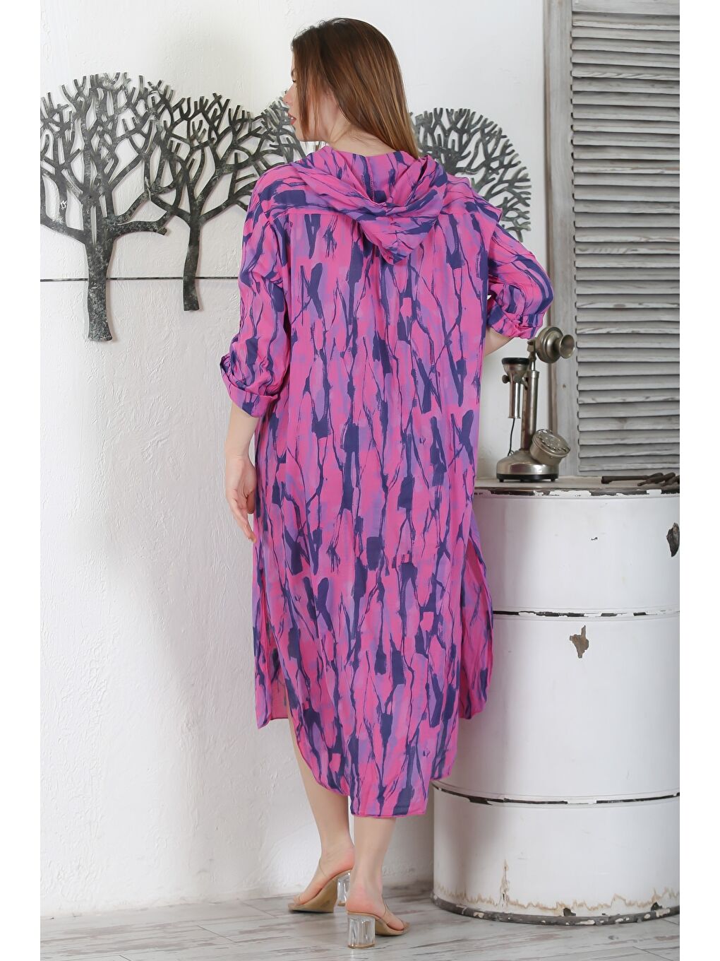 İtalyan Fuşya Düğmeli Uzun Kollu Desenli Çift Cepli Kapüşonlu Casual Dokuma Yazlık Elbise 130 65-7