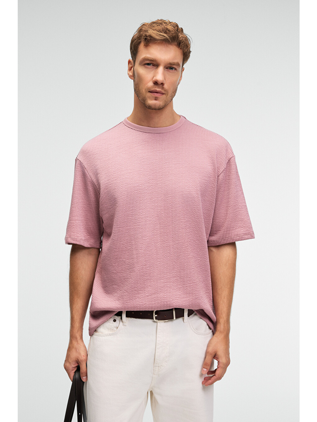 Vıntage Erkek Kısa Kollu Yuvarlak Yaka Dokulu Gofre Kumaş Regular Fit Pembe T-shirt