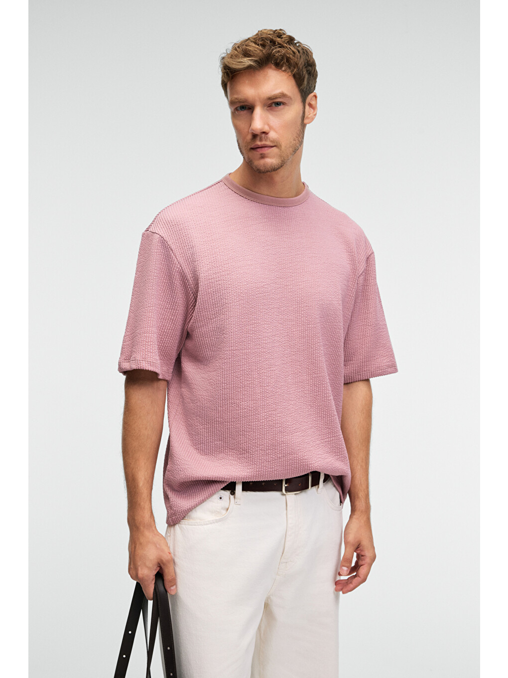 Vıntage Erkek Kısa Kollu Yuvarlak Yaka Dokulu Gofre Kumaş Regular Fit Pembe T-shirt-1