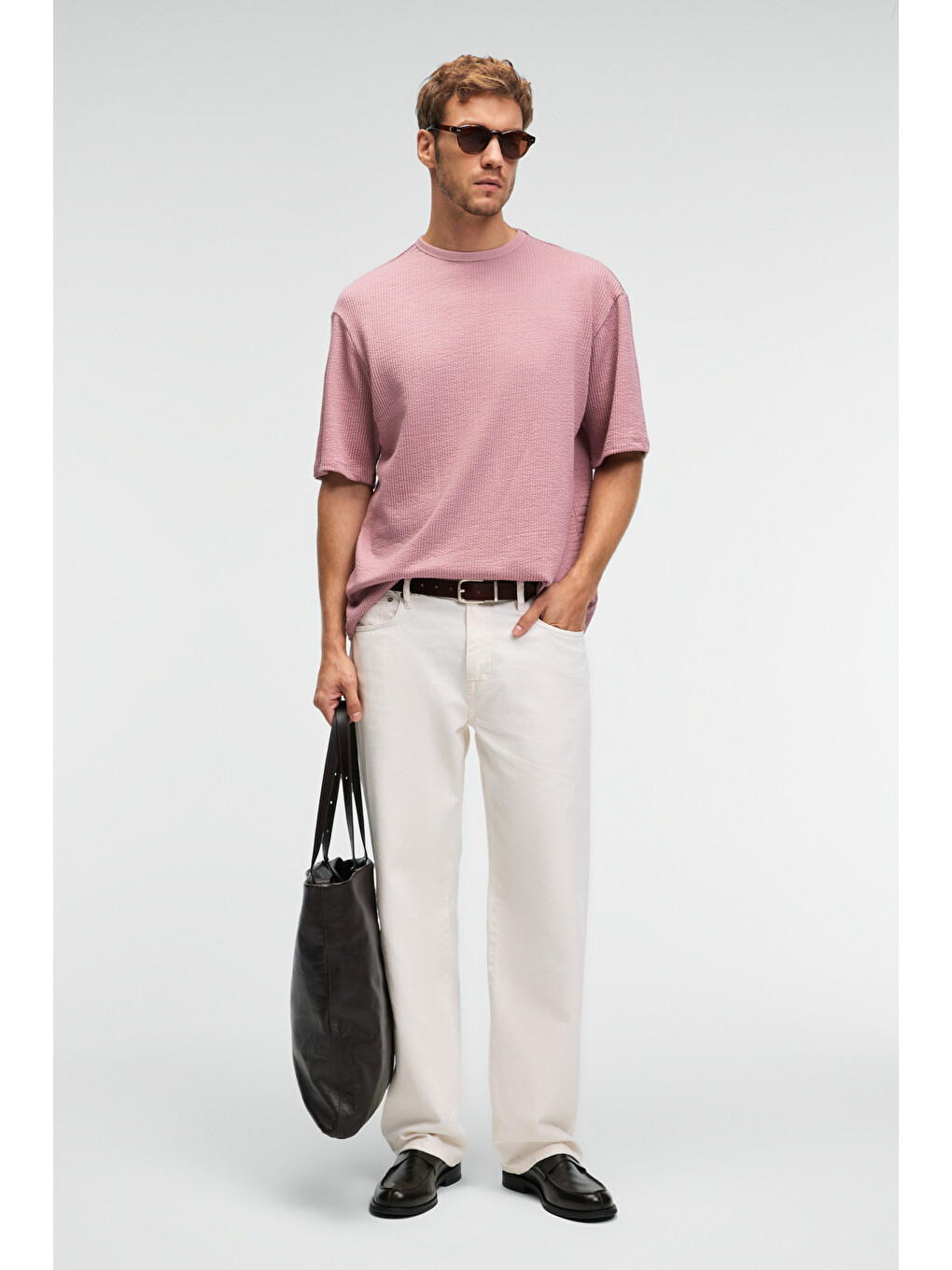 Vıntage Erkek Kısa Kollu Yuvarlak Yaka Dokulu Gofre Kumaş Regular Fit Pembe T-shirt-2