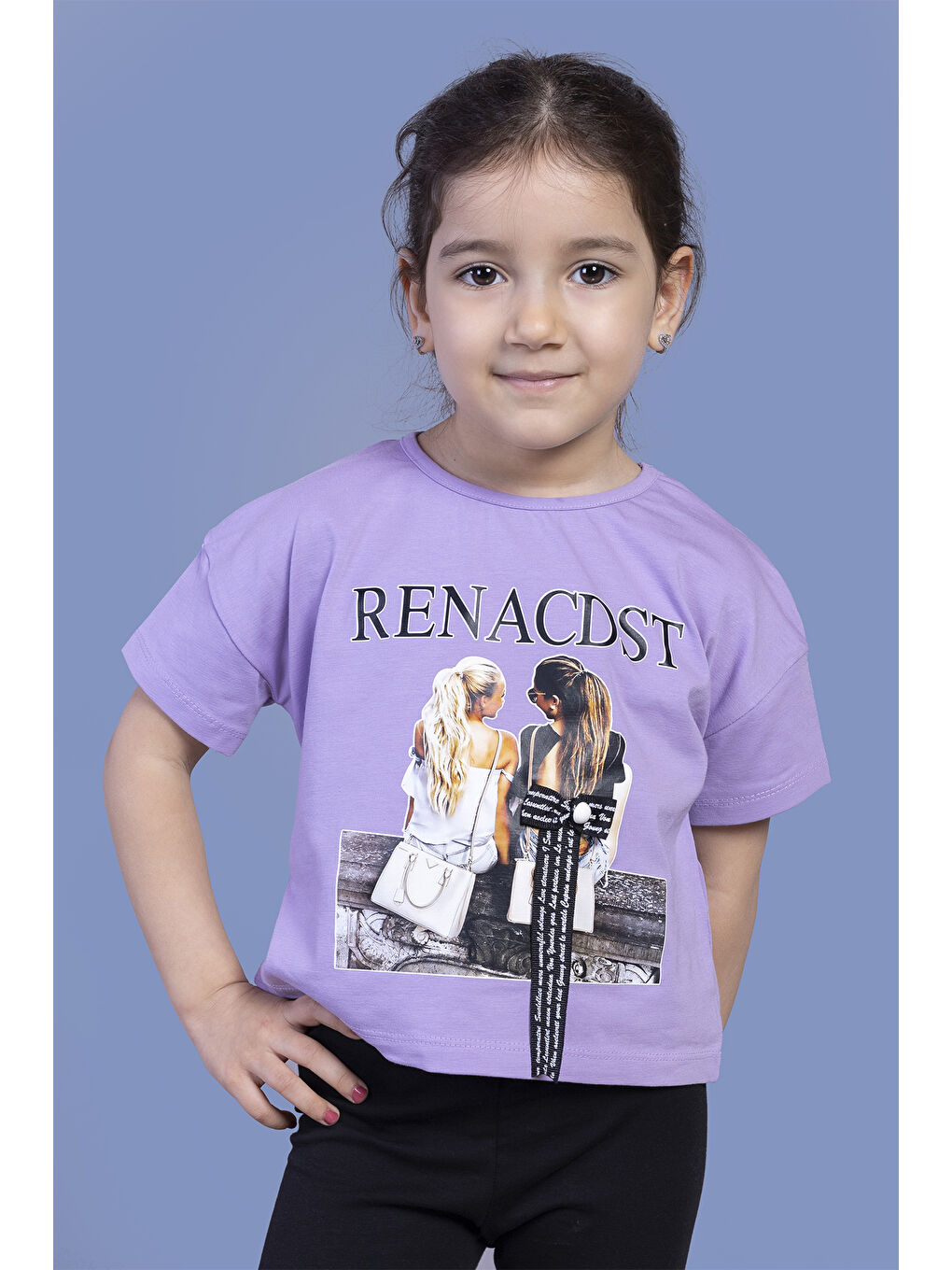 Lila Kız Çocuk Dijital Baskılı Arkası Detaylı Tişört