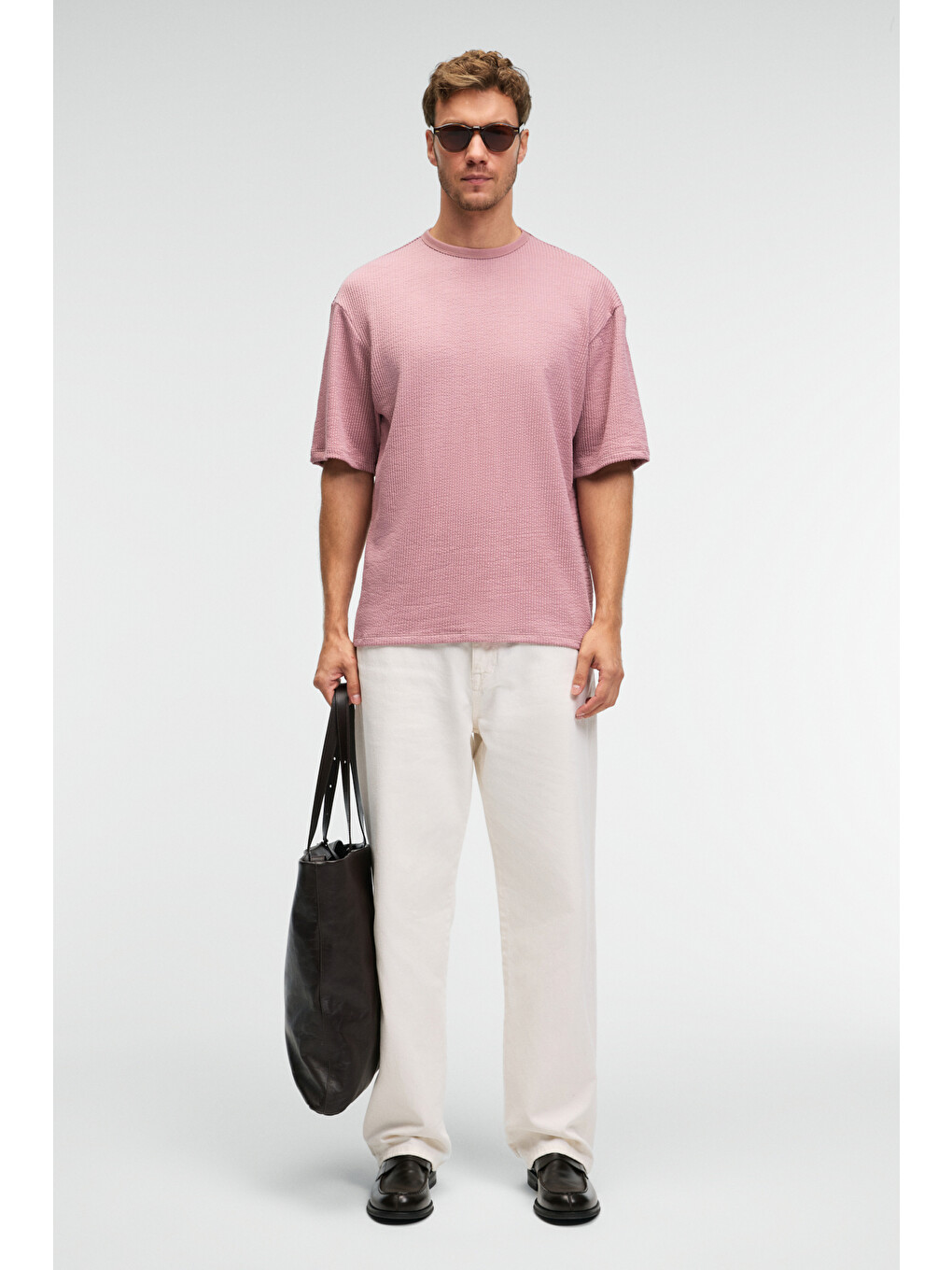 Vıntage Erkek Kısa Kollu Yuvarlak Yaka Dokulu Gofre Kumaş Regular Fit Pembe T-shirt-3