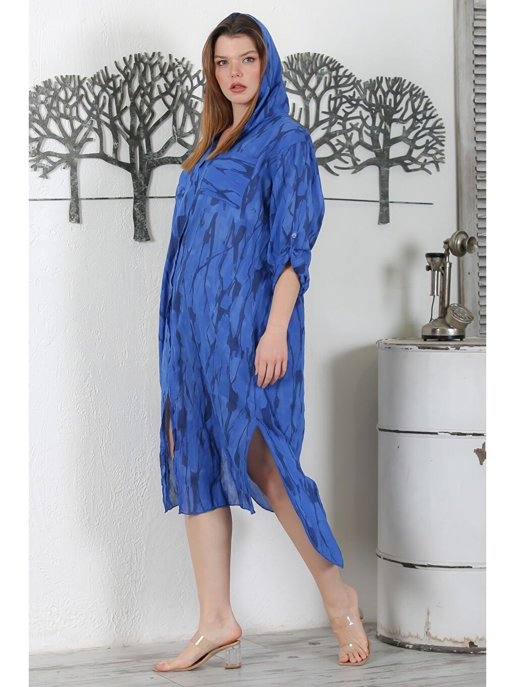 İtalyan Lacivert Düğmeli Uzun Kollu Desenli Çift Cepli Kapüşonlu Casual Dokuma Yazlık Elbise 130 65