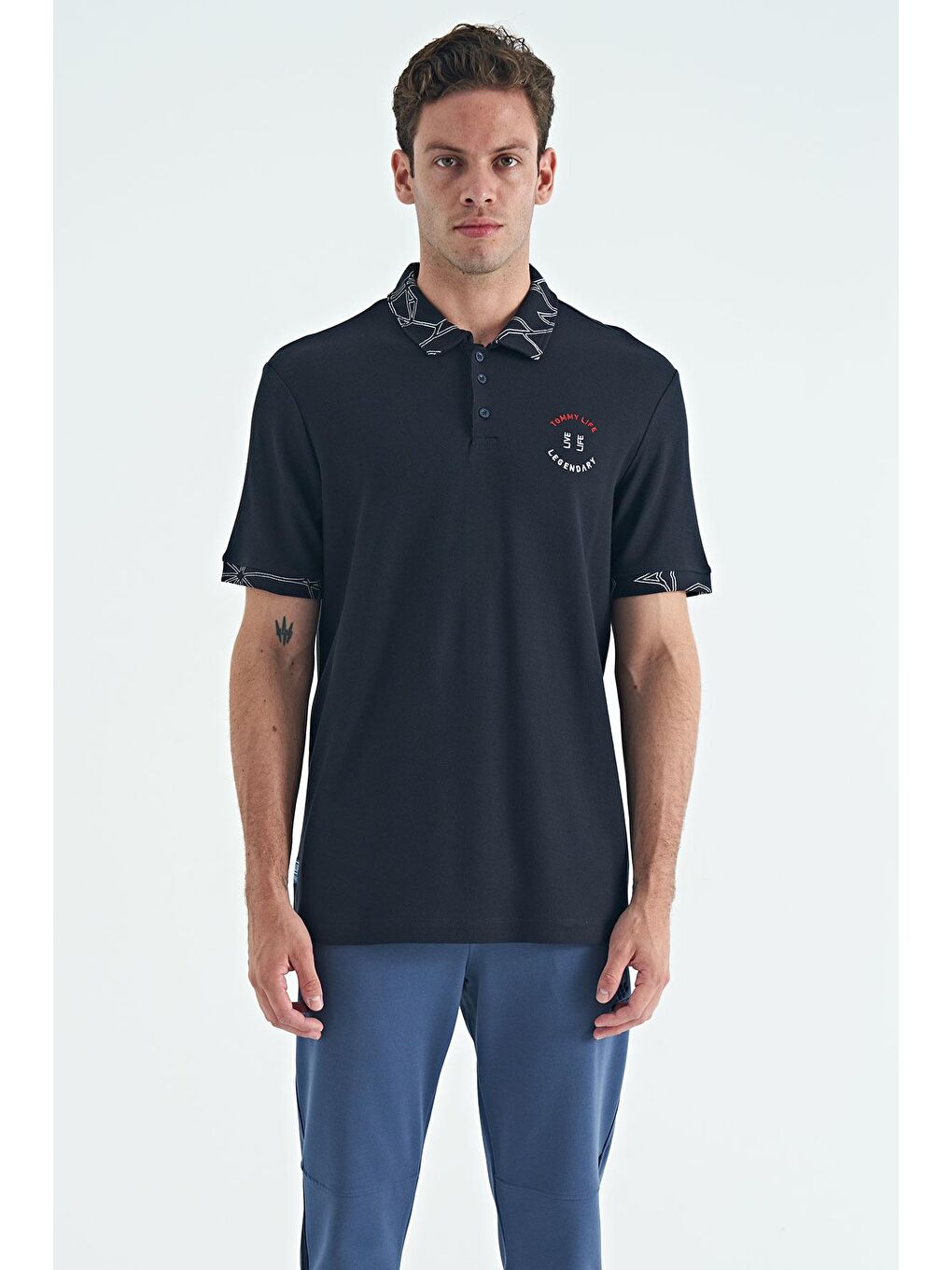 TOMMYLIFE Lacivert Yazı Nakışlı Baskı Detaylı Standart Kalıp Polo Yaka Erkek T-Shirt - 88239