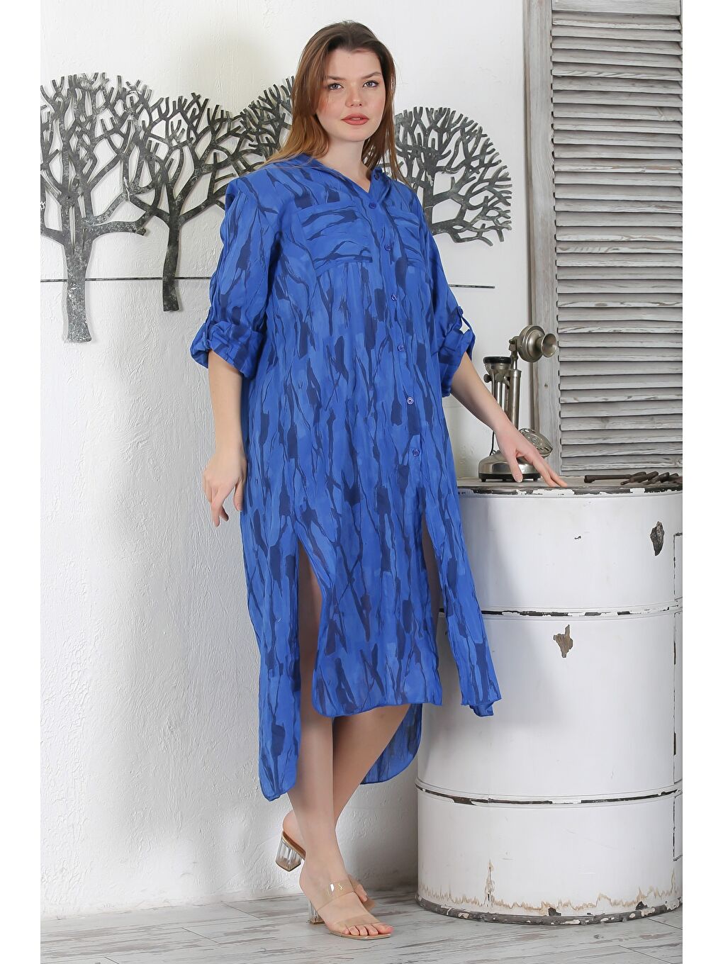 İtalyan Lacivert Düğmeli Uzun Kollu Desenli Çift Cepli Kapüşonlu Casual Dokuma Yazlık Elbise 130 65-4