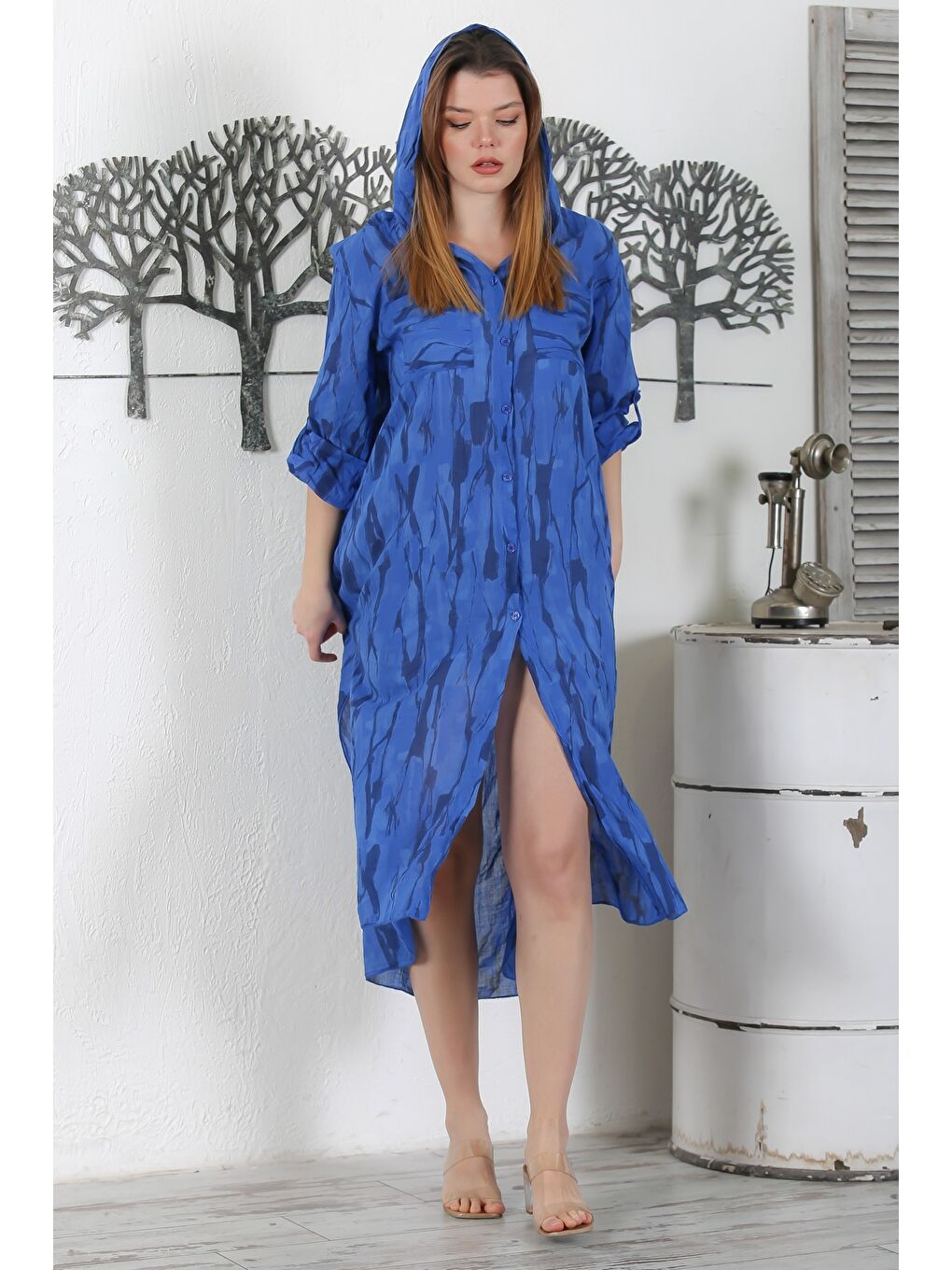 İtalyan Lacivert Düğmeli Uzun Kollu Desenli Çift Cepli Kapüşonlu Casual Dokuma Yazlık Elbise 130 65-6